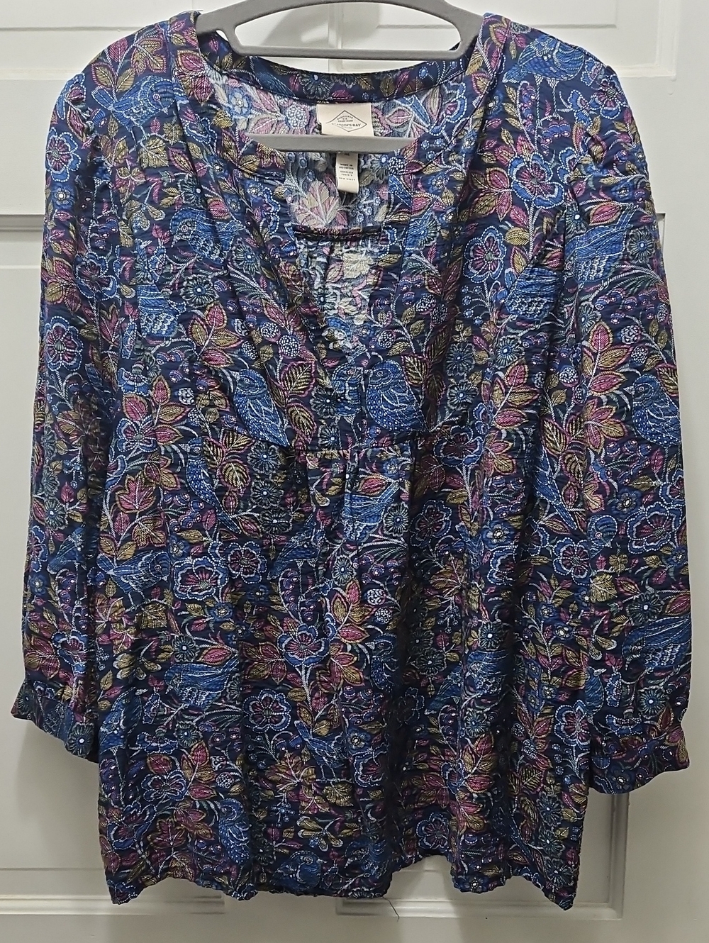 St. John's Bay Women’s Floral Peasant Blouse - Blue Multi Bird Print